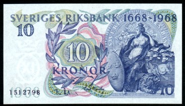 Sedel 10 kr 1968 Riksbanken 300 år